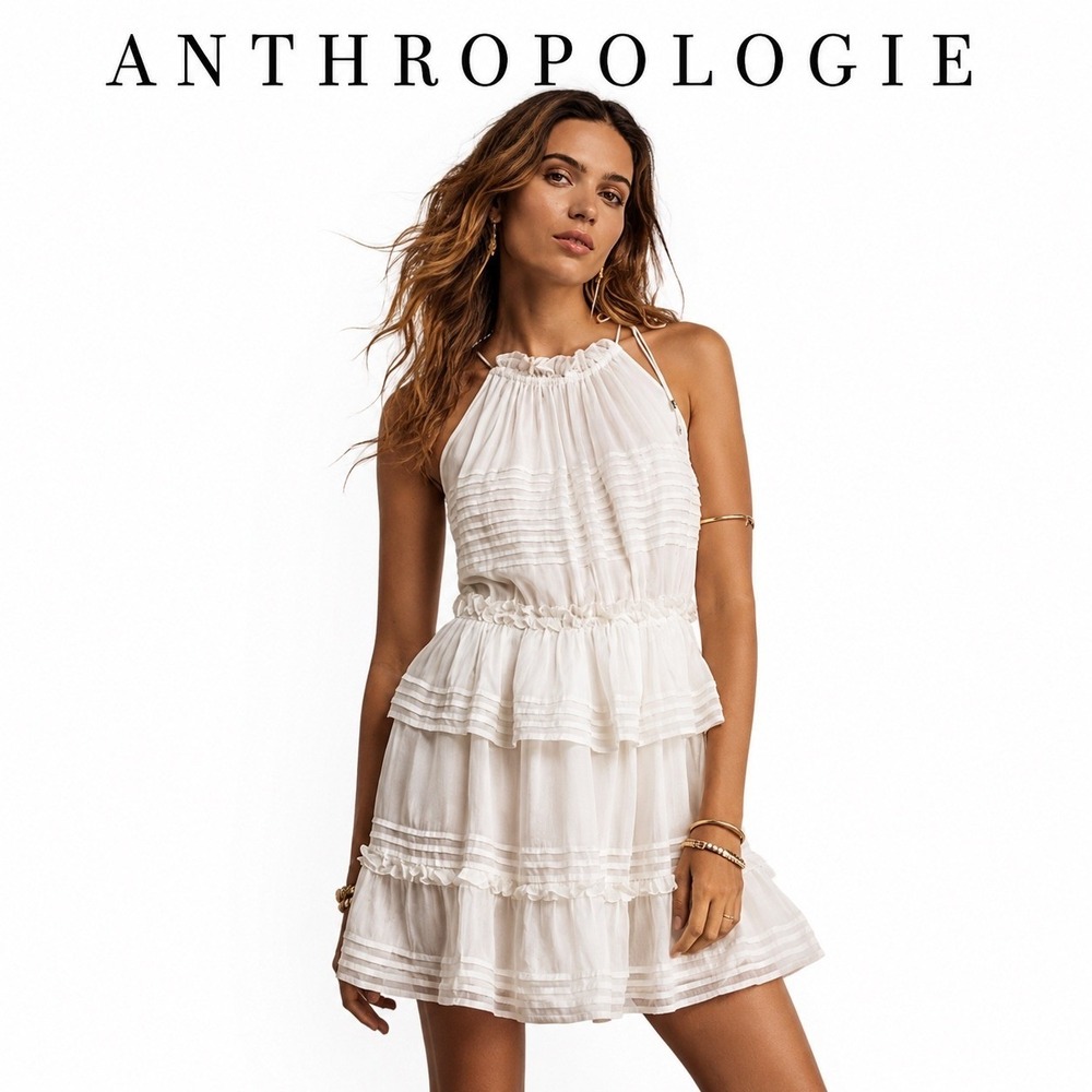 Anthropologie Let Me Be White Tiered Halter Mini Dress Medium